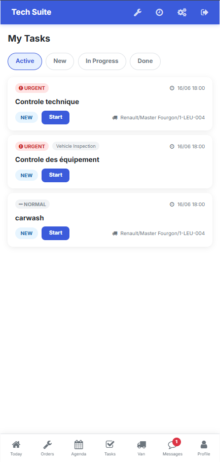 Vue Mes tâches dans l'Application Technicien