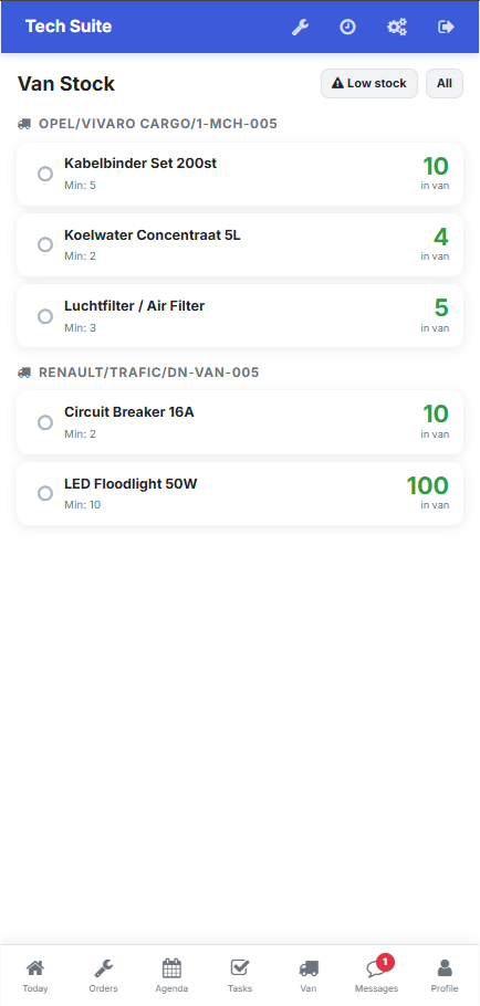Stock du véhicule dans l'app